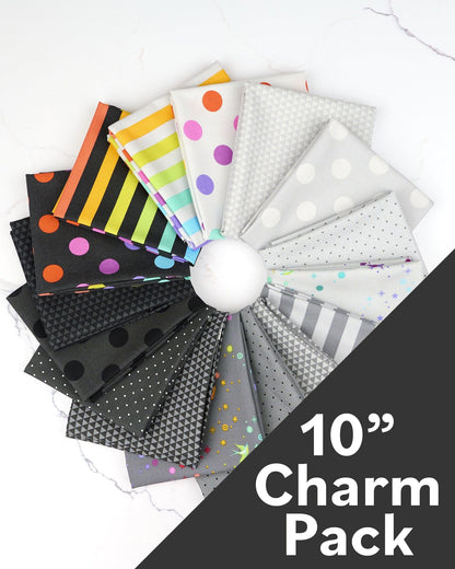 True Colors 10-Inch Charm Pack by Tula Pink, fabric bundle of 42 pieces, Fall 2025 True Colors fabric collection. SKU: FB610TP.GRAYWORK