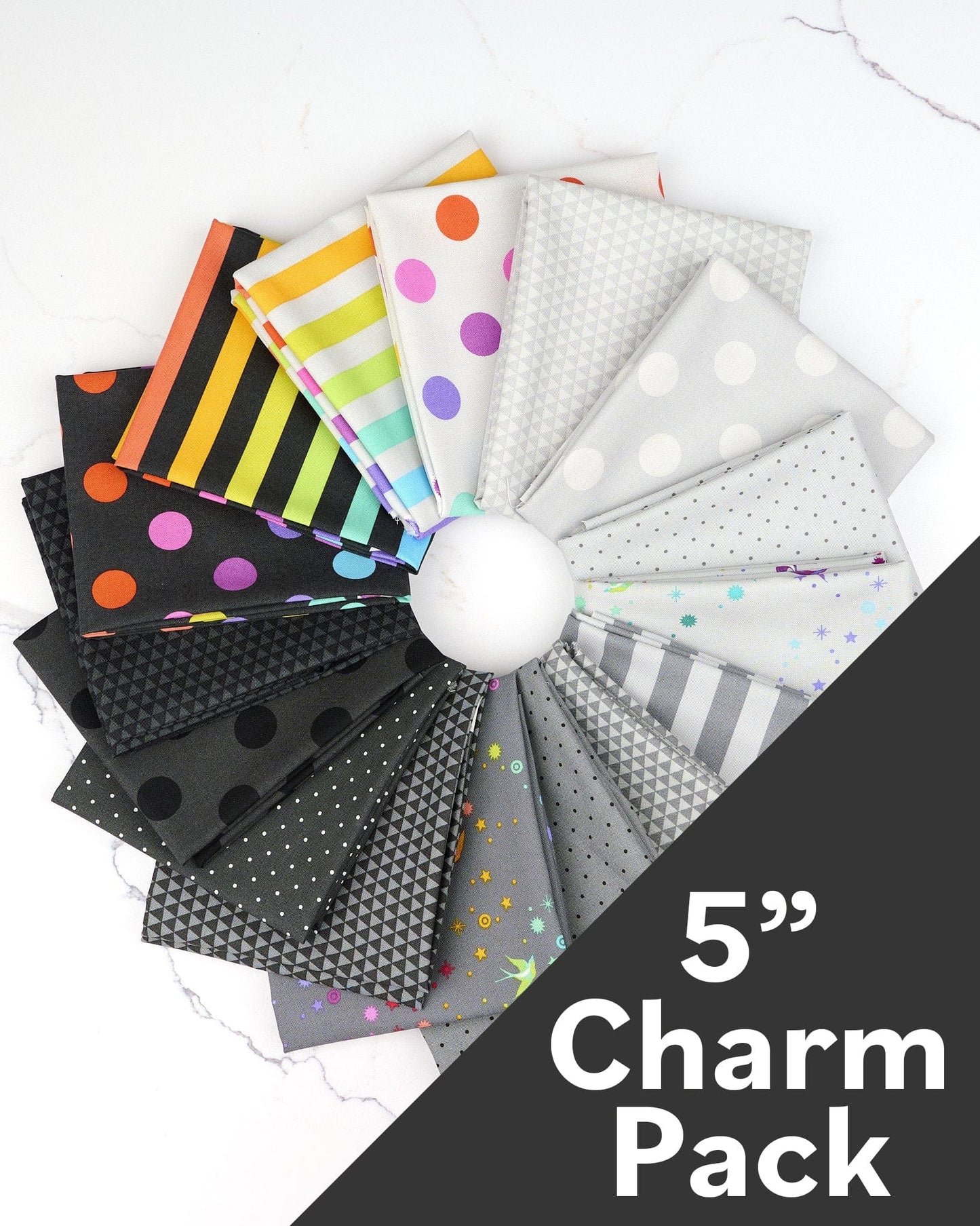 True Colors 5-Inch Charm Pack by Tula Pink, fabric bundle of 42 pieces, Fall 2025 True Colors fabric collection. SKU: FB6CPTP.GRAYWORK