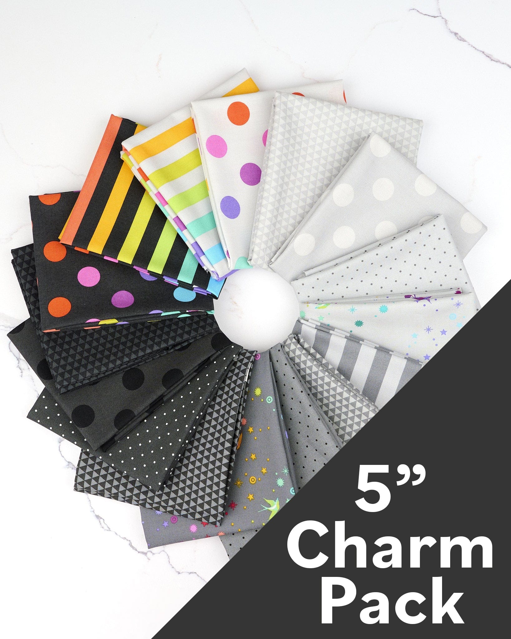 True Colors 5-Inch Charm Pack by Tula Pink, fabric bundle of 42 pieces, Fall 2025 True Colors fabric collection. SKU: FB6CPTP.GRAYWORK