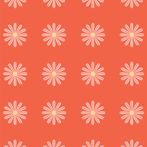 Cotton quilting fabric pattern called 'Choose Happy Tangerine'. Part of the 'Flower Bloom' fabric collection. Designed by AGF Studio for fabric company Art Gallery Fabrics. SKU: FBL90706. 44-45 inch width.
