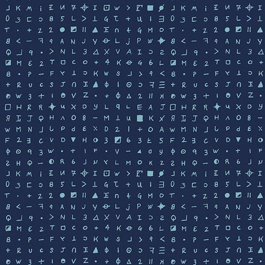 Cotton quilting fabric pattern called 'Cryptography in Blue Moon'. Part of the 'Fabrics from the Basement' fabric collection. Designed by Giucy Giuce for fabric company Andover Fabrics. SKU: A-459-B. 44-45 inch width.
