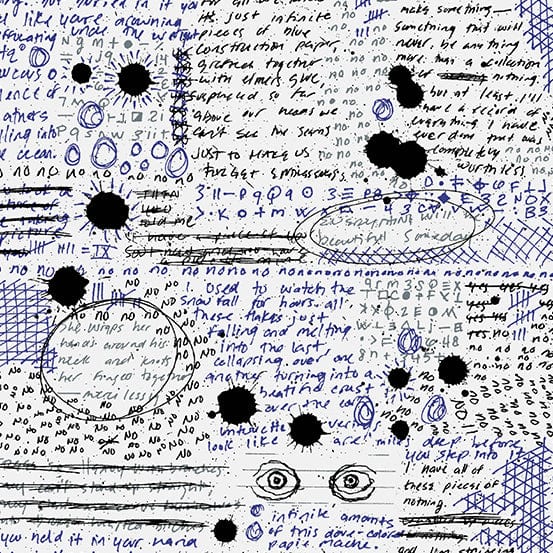 Cotton quilting fabric pattern called 'Rant in Bic'. Part of the 'Fabrics from the Basement' fabric collection. Designed by Giucy Giuce for fabric company Andover Fabrics. SKU: A-456-B. 44-45 inch width.