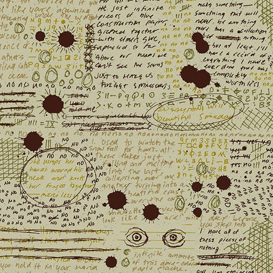 Cotton quilting fabric pattern called 'Rant in Muck'. Part of the 'Fabrics from the Basement' fabric collection. Designed by Giucy Giuce for fabric company Andover Fabrics. SKU: A-456-N. 44-45 inch width.