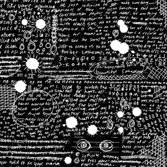 Cotton quilting fabric pattern called 'Rant in Pitch'. Part of the 'Fabrics from the Basement' fabric collection. Designed by Giucy Giuce for fabric company Andover Fabrics. SKU: A-456-K. 44-45 inch width.