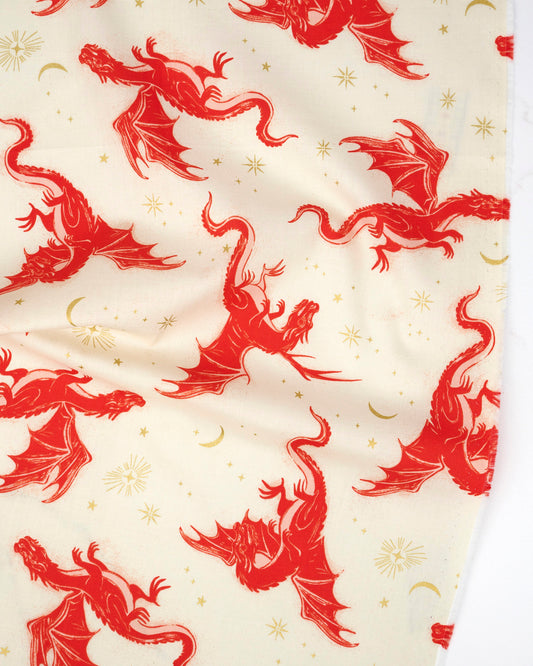 Etched Dragons in Metallic Dark Ruby - Fireglow by Sarah Watts - Half Yard Fabric (Preorder)