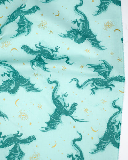Etched Dragons in Metallic Mint - Fireglow by Sarah Watts - Half Yard Fabric (Preorder)