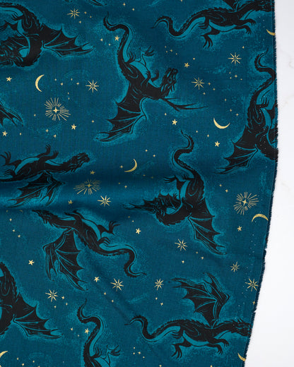 Etched Dragons in Metallic Galaxy - Fireglow by Sarah Watts - Half Yard Fabric (Preorder)