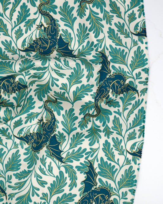 Dragon Lair in Metallic Watercress - Fireglow by Sarah Watts - Half Yard Fabric (Preorder)