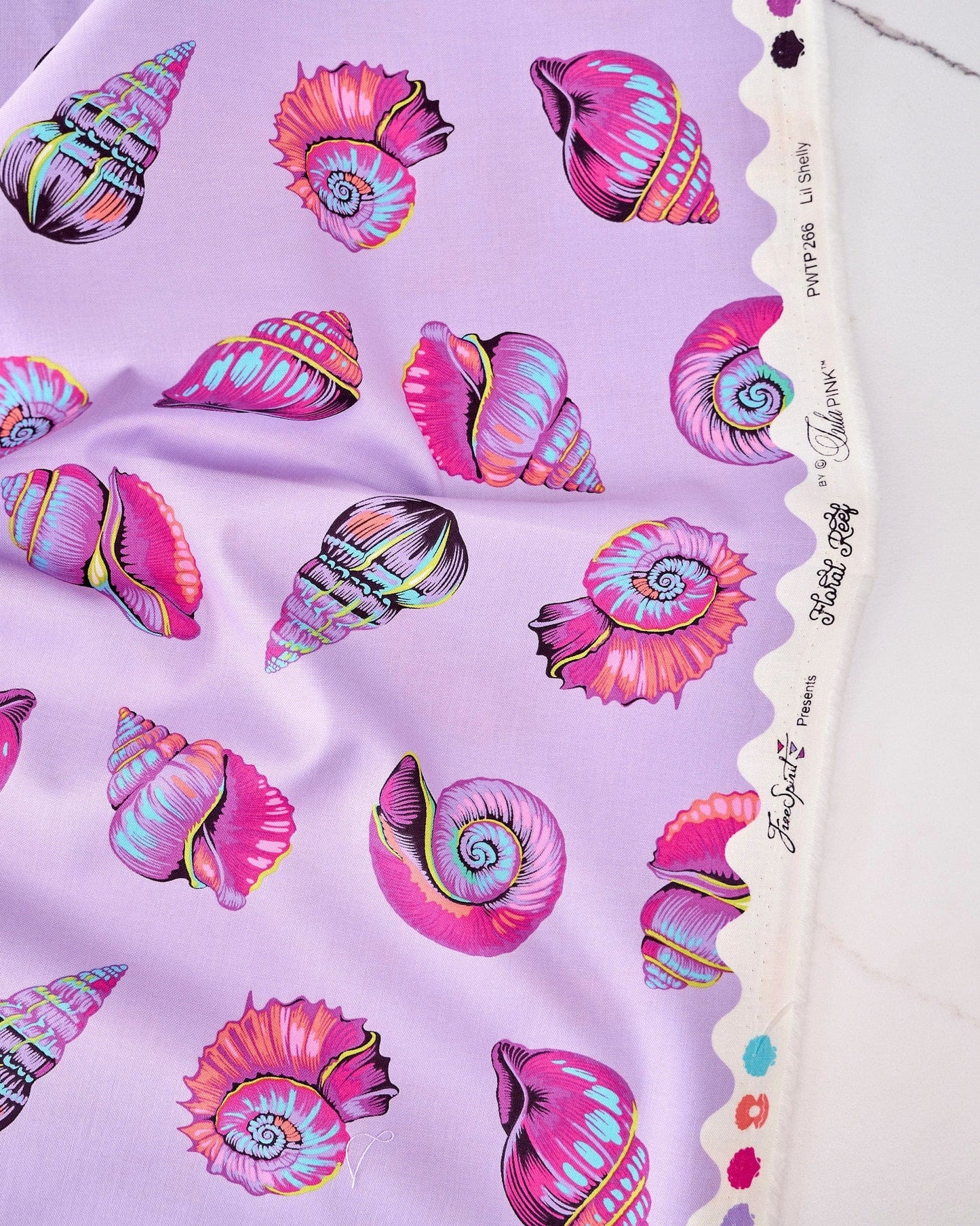 Lil Shelly in Ultraviolet quilting fabric, part of the Floral Reef fabric collection by Tula Pink (SKU: PWTP266.ULTRAVIOLET)