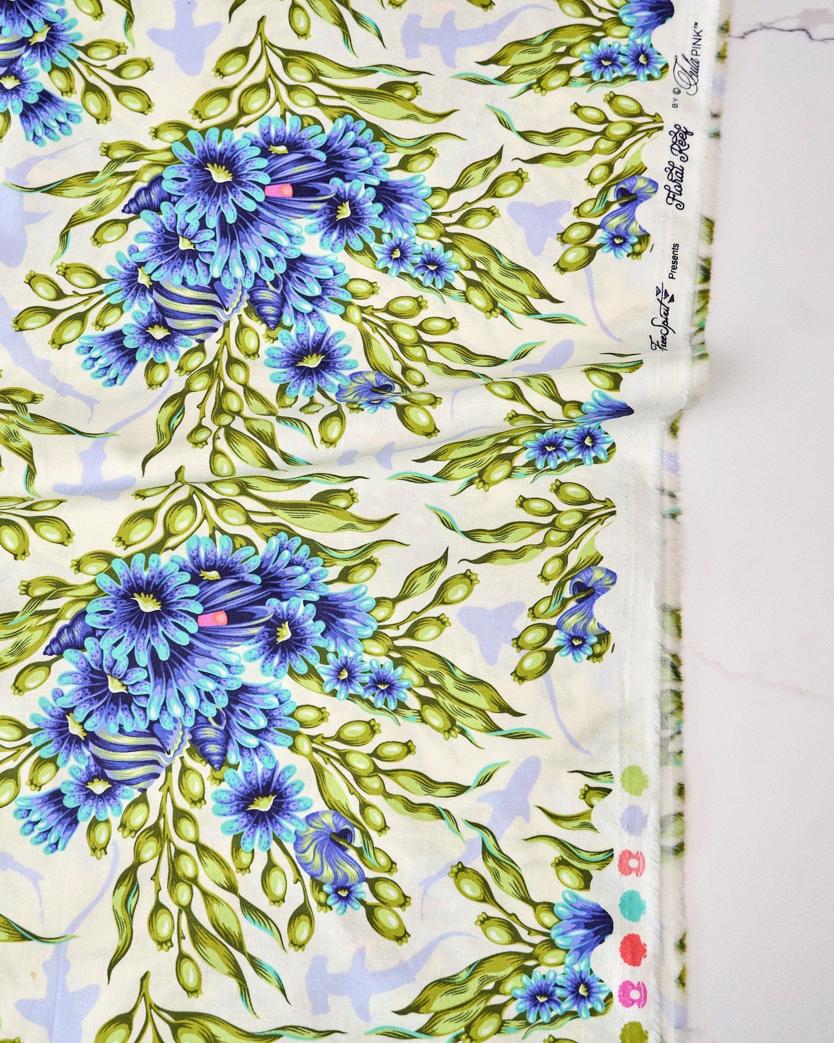 Shadow Sharks in Marine quilting fabric, part of the Floral Reef fabric collection by Tula Pink (SKU: PWTP267.MARINE)