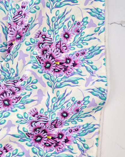 Shadow Sharks in Ultraviolet quilting fabric, part of the Floral Reef fabric collection by Tula Pink (SKU: PWTP267.ULTRAVIOLET)