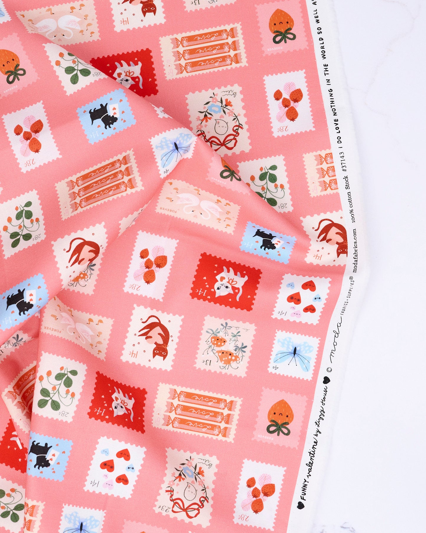 Stamps in Coral - Funny Valentine by Lizzy House - Half Yard Fabric