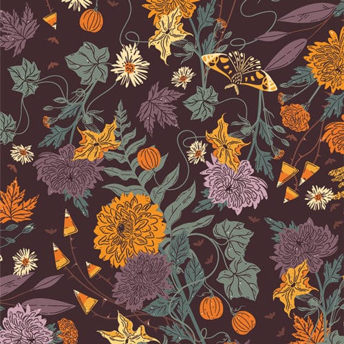 A closeup shot of the quilting fabric pattern called Wicked Flora, designed by AGF Studio as part of the Ghostly & Haunted collection. The SKU is GHH13130.