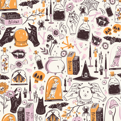 A closeup shot of the quilting fabric pattern called Witching Hour Moon, designed by AGF Studio as part of the Ghostly & Haunted collection. The SKU is GHH13132.