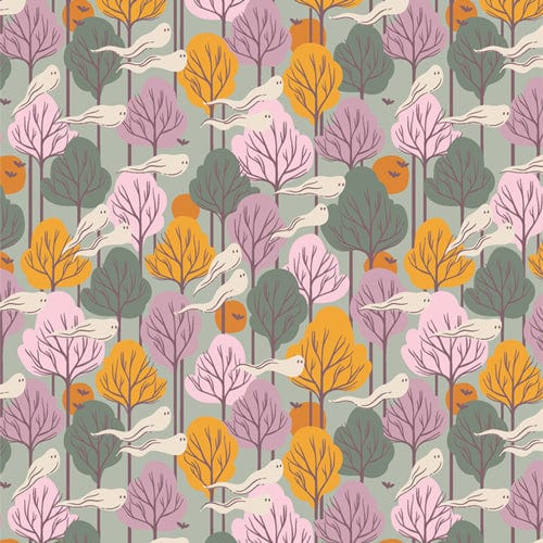 A closeup shot of the quilting fabric pattern called Phantom Forest Fog, designed by AGF Studio as part of the Ghostly & Haunted collection. The SKU is GHH13134.