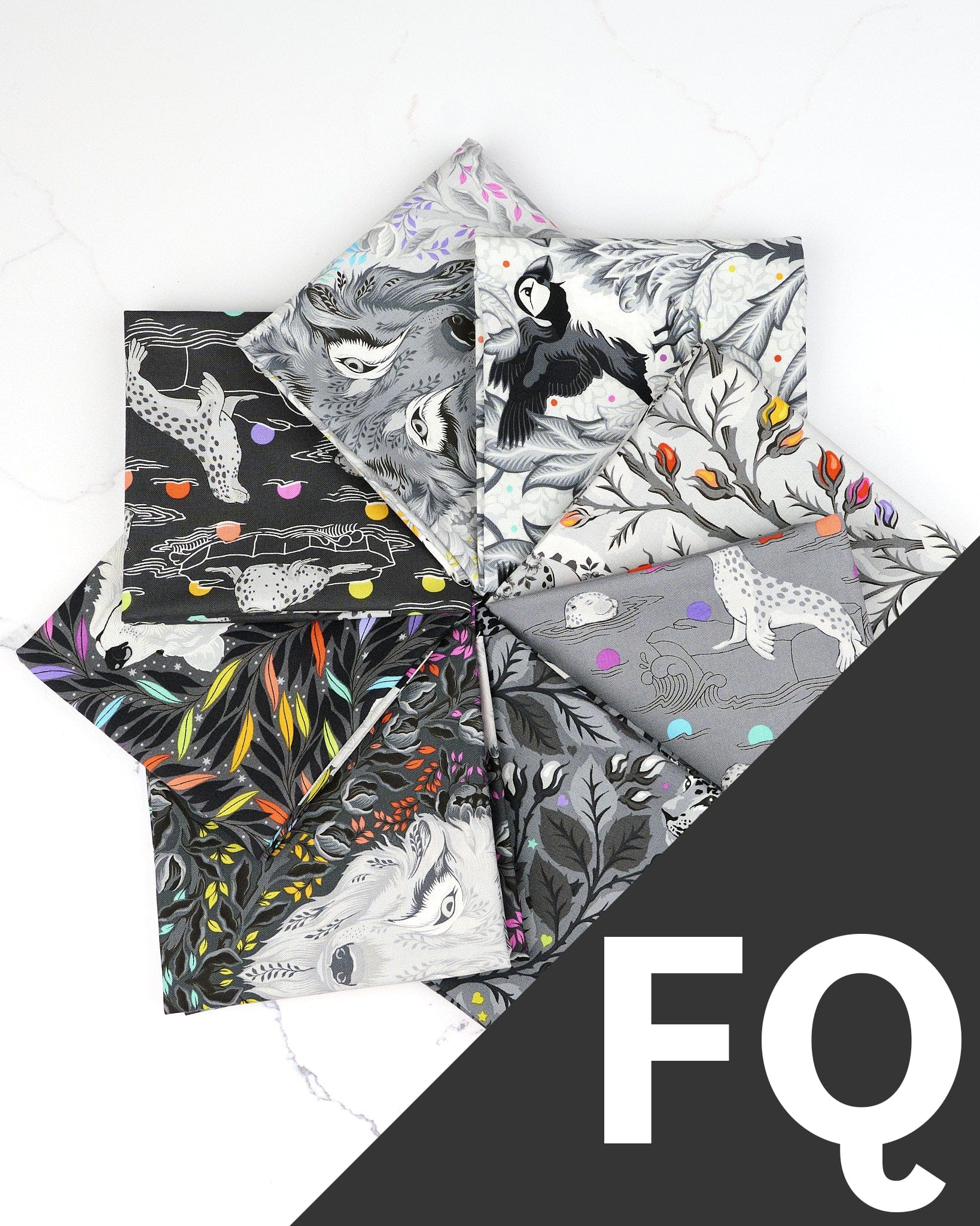 Graywork fat quarter bundle of 8 quilting fabrics by Tula Pink (SKU: BASEFQTP.GRAYWORK)