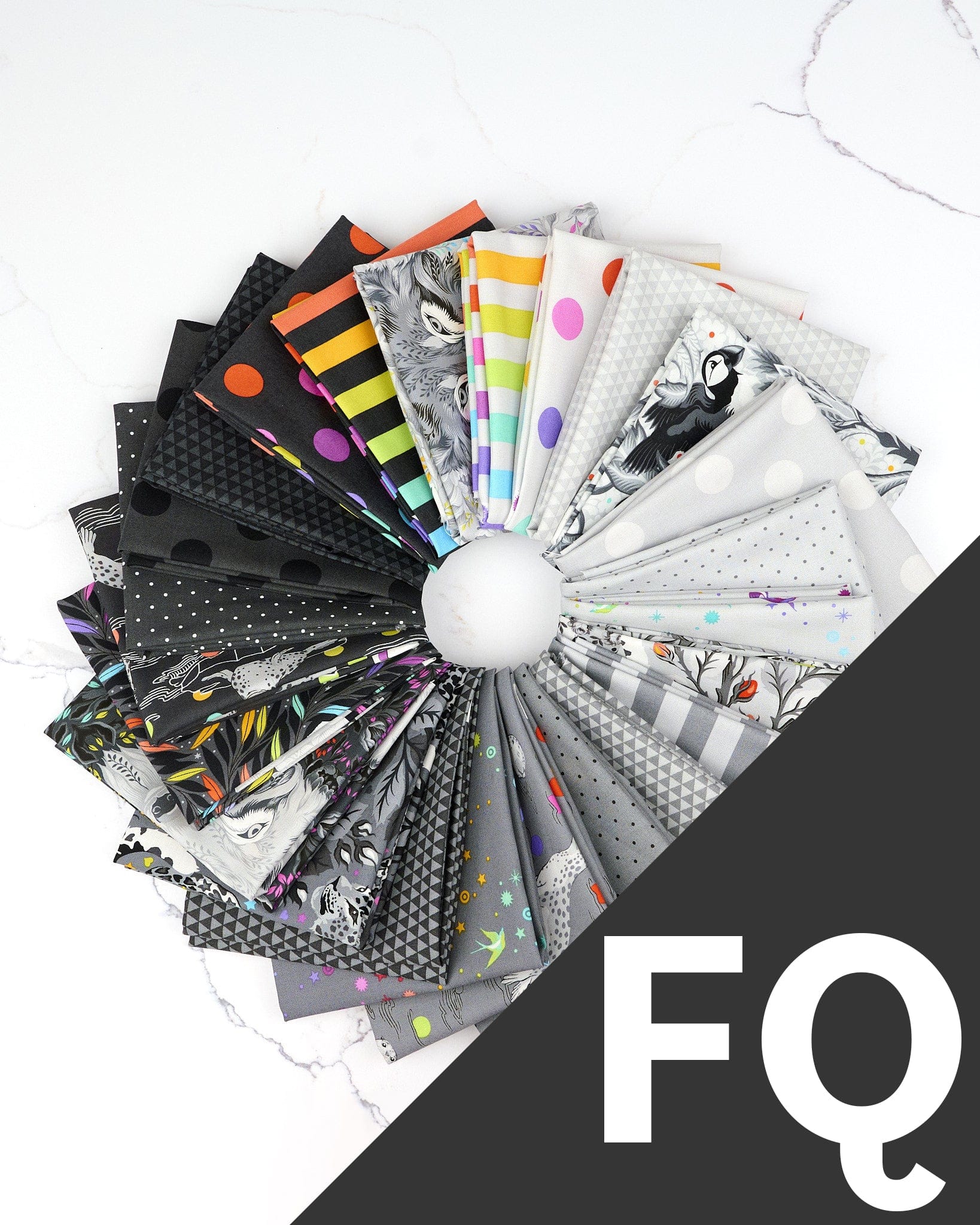 Graywork plus True Colors quilting fabrics in a fat quarter bundle of 24 pieces by Tula Pink (SKU: FB4FQTP.GRAYWORK)