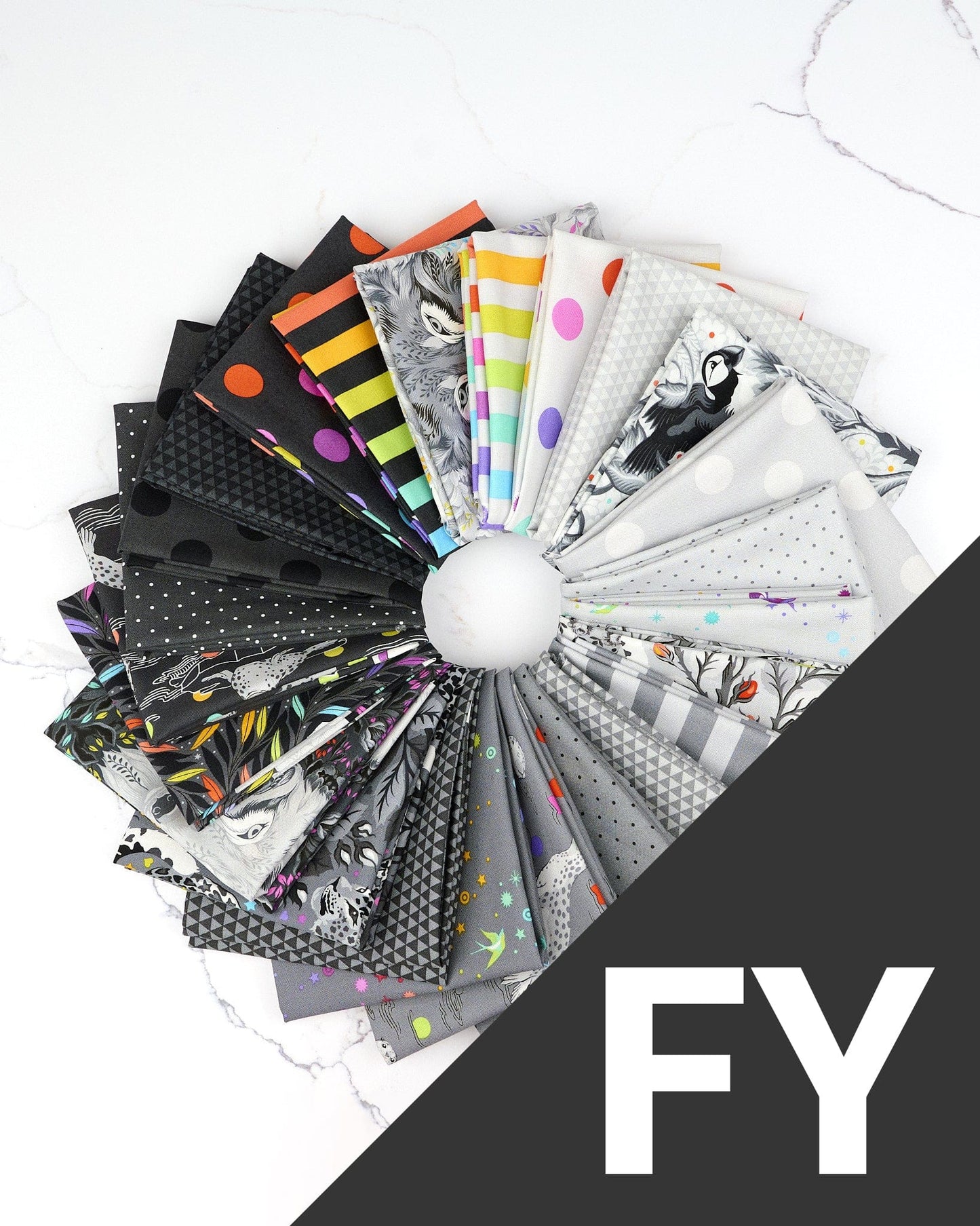 Graywork plus True Colors quilting fabrics in a full yard bundle of 24 pieces by Tula Pink (SKU: FB2FYTP.GRAYWORK)