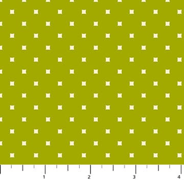 One of Heather Bailey's Pop Sugar collection quilting fabric patterns. The pattern shows a repeating geometric pattern of small white squares evenly spaced on a bright lime green background, creating a simple yet striking polka dot-like design. SKU 92058-70.
