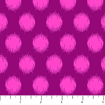 Detailed pattern of Heather Bailey's Pop Sugar collection quilting fabric, dark purple with blurry pink circles. SKU 92060-84.