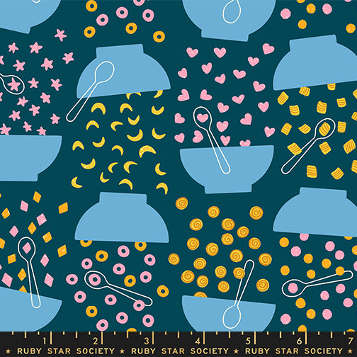 Flying Cereal in Galaxy quilting fabric, part of the Egg and Friend fabric collection by Kimberly Kight for Ruby Star Society. (SKU: RS3091 14)