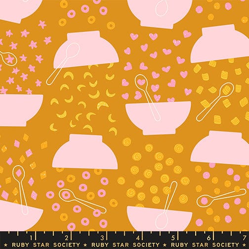 Flying Cereal in Honey quilting fabric, part of the Egg and Friends collection by Kimberly Kight for Ruby Star Society. (SKU: RS3091 12)