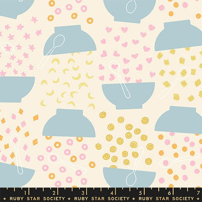 Flying Cereal in natural quilting fabric, part of the Egg and Friends fabric collection by Kimberly Kight for Ruby Star Society. (SKU: RS3091 11)