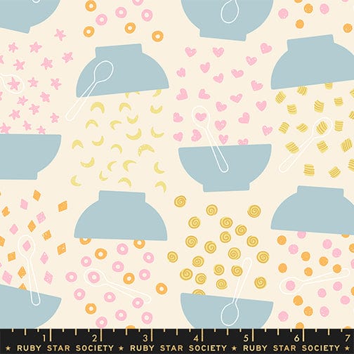 Flying Cereal in natural quilting fabric, part of the Egg and Friends fabric collection by Kimberly Kight for Ruby Star Society. (SKU: RS3091 11)
