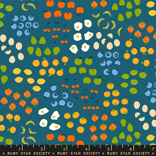 Froot in Teal quilting fabric, part of the Egg and Friends fabric collection by Kimberly Kight for Ruby Star Society. (SKU: RS3093 15)