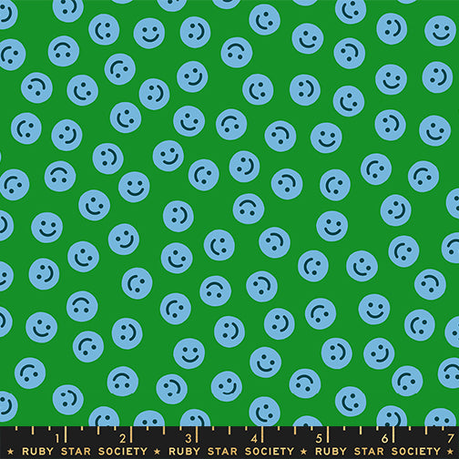 Smiley in Dark Verdant quilting fabric, part of the Egg and Friends fabric collection by Kimberly Kight for Ruby Star Society. (SKU: RS3094 14)