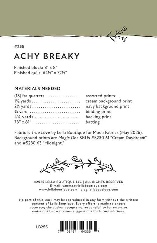 Achy Breaky Quilt Pattern - Lella Boutique - LB 255 - Printed Pattern