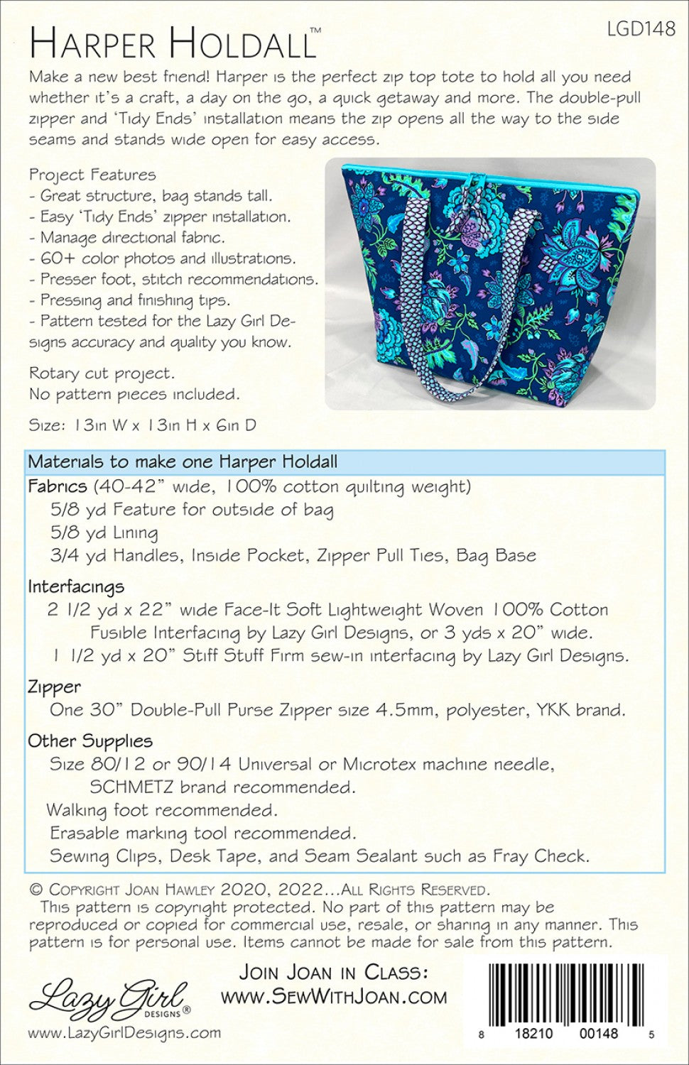 Harper Holdall - Lazy Girl Designs - Printed Bag Pattern