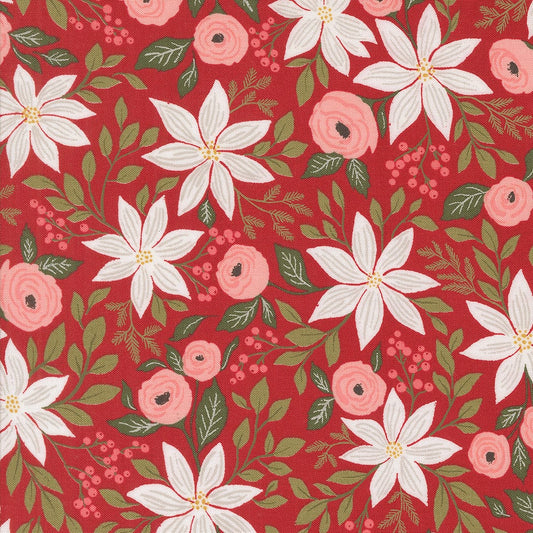 Poinsettia Party in Cranberry quilting fabric, part of the Berry & Pine fabric collection by Lella Boutique (SKU: 5240 14)