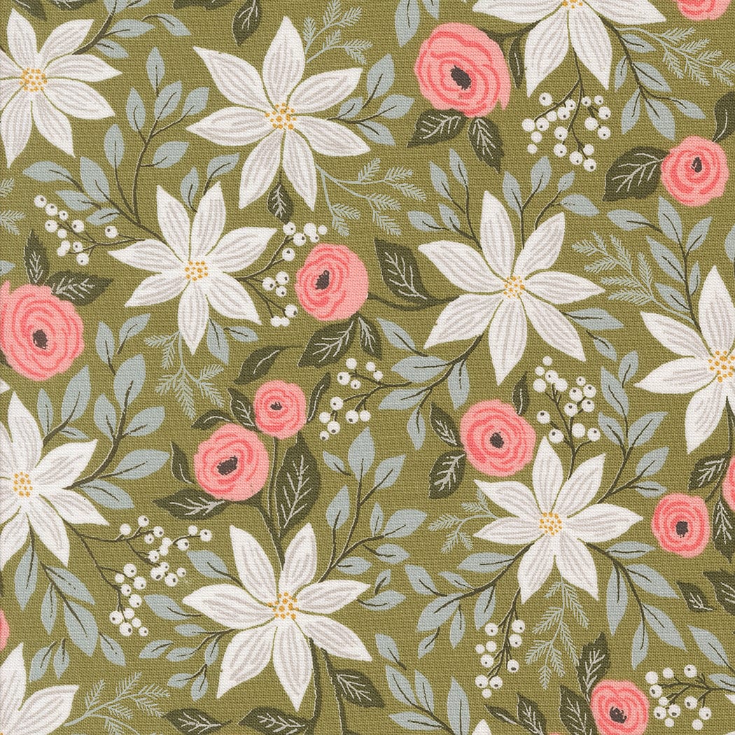 Poinsettia Party in Sage quilting fabric, part of the Berry & Pine fabric collection by Lella Boutique (SKU: 5240 12)