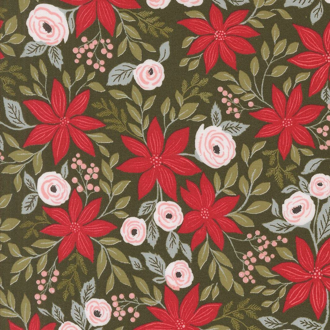 Poinsettia Party in Wintergreen quilting fabric, part of the Berry & Pine fabric collection by Lella Boutique (SKU: 5240 13)