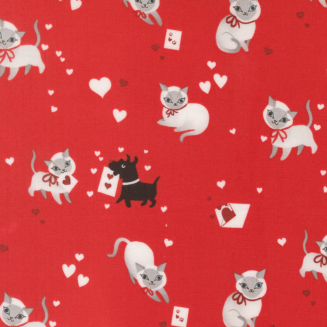 A closeup shot of the quilting fabric pattern called Kitty, designed by Lizzy House, in the love colorway. The SKU is 37140 16.