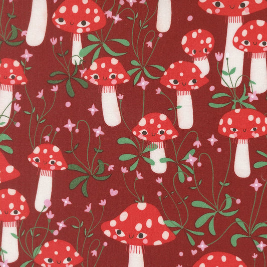 A closeup shot of the quilting fabric pattern called Mushrooms, designed by Lizzy House, in the rose colorway. The SKU is 37141 17.