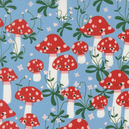 A closeup shot of the quilting fabric pattern called Mushrooms, designed by Lizzy House, in the sky colorway. The SKU is 37141 25.