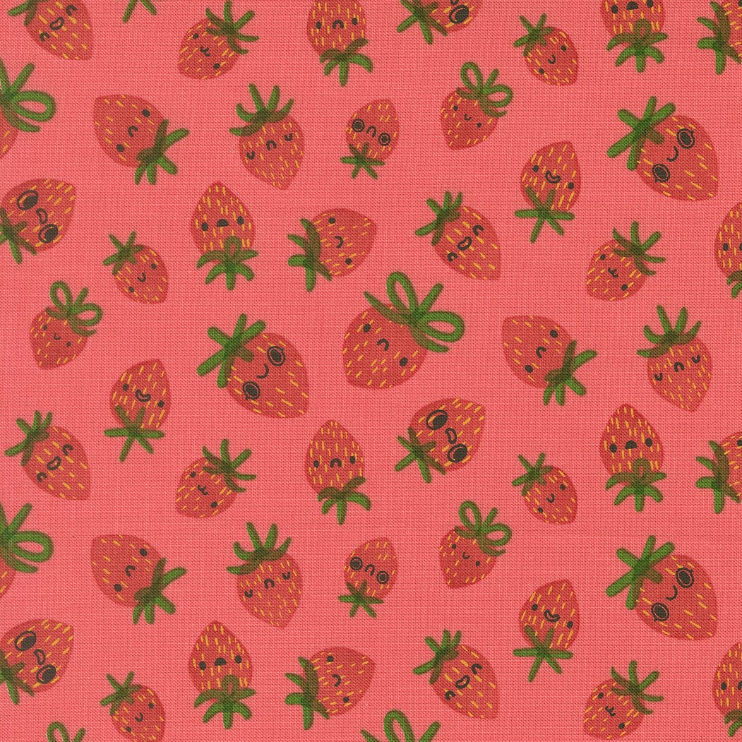 A closeup shot of the quilting fabric pattern called Strawberries, designed by Lizzy House, in the coral colorway. The SKU is 37142 14.