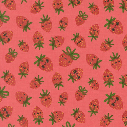 A closeup shot of the quilting fabric pattern called Strawberries, designed by Lizzy House, in the coral colorway. The SKU is 37142 14.