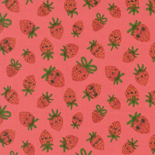 A closeup shot of the quilting fabric pattern called Strawberries, designed by Lizzy House, in the coral colorway. The SKU is 37142 14.