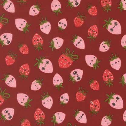 A closeup shot of the quilting fabric pattern called Strawberries, designed by Lizzy House, in the rose colorway. The SKU is 37142 18.