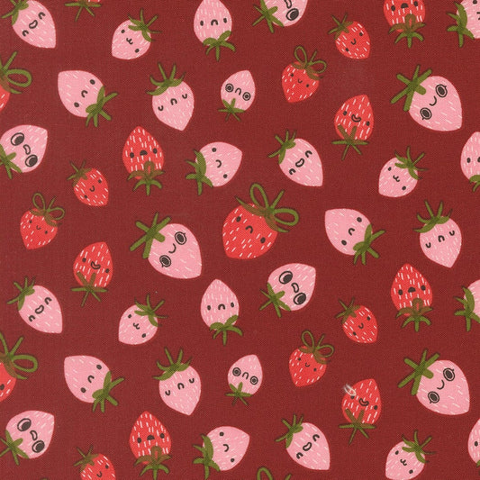 A closeup shot of the quilting fabric pattern called Strawberries, designed by Lizzy House, in the rose colorway. The SKU is 37142 18.
