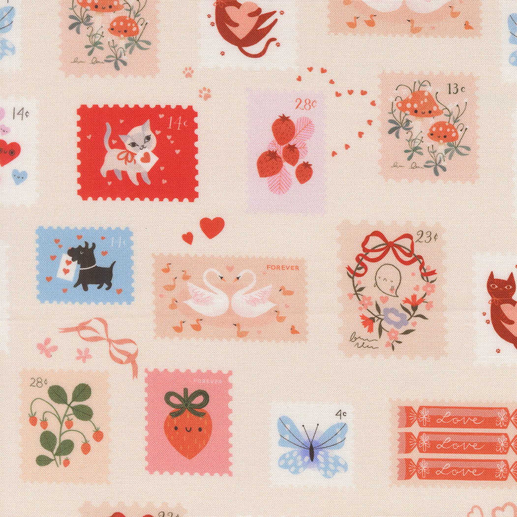 A closeup shot of the quilting fabric pattern called Stamps, designed by Lizzy House, in the champagne colorway. The SKU is 37143 12.