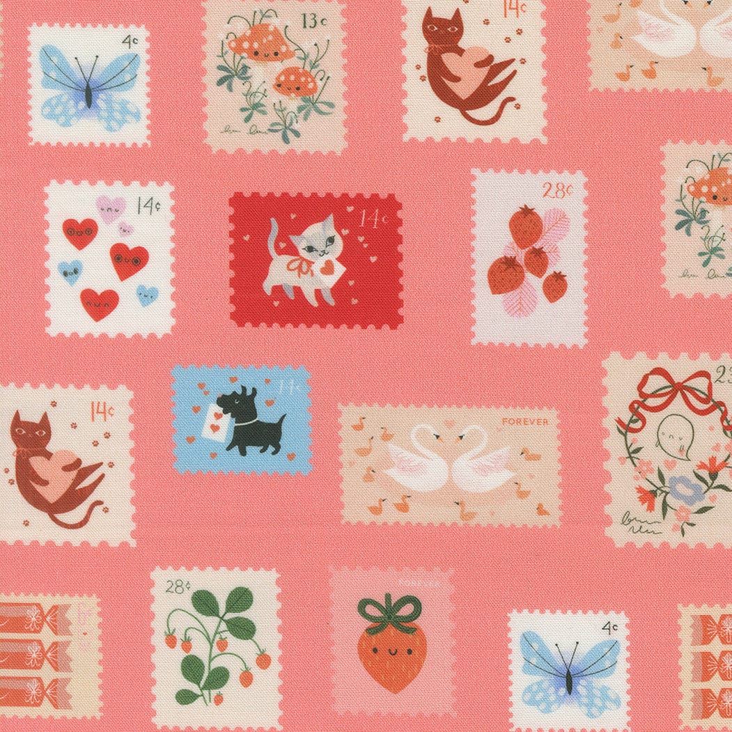 A closeup shot of the quilting fabric pattern called Stamps, designed by Lizzy House, in the coral colorway. The SKU is 37143 14.