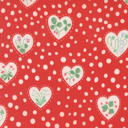 A closeup shot of the quilting fabric pattern called Flower Heart, designed by Lizzy House, in the love colorway. The SKU is 37144 16.