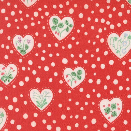 A closeup shot of the quilting fabric pattern called Flower Heart, designed by Lizzy House, in the love colorway. The SKU is 37144 16.