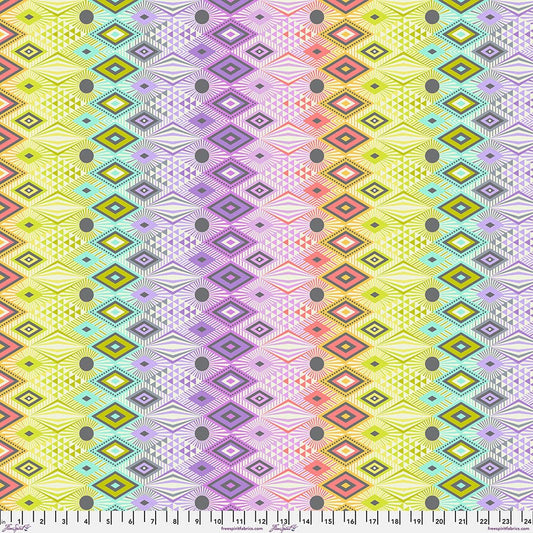 Cotton quilting fabric pattern called 'Disco Lucy in Prism'. Part of the 'Tabby Road Deja Vu' fabric collection. Designed by Tula Pink for fabric company Free Spirit Fabrics. SKU: PWTP232.PRISM. 44-45 inch width.
