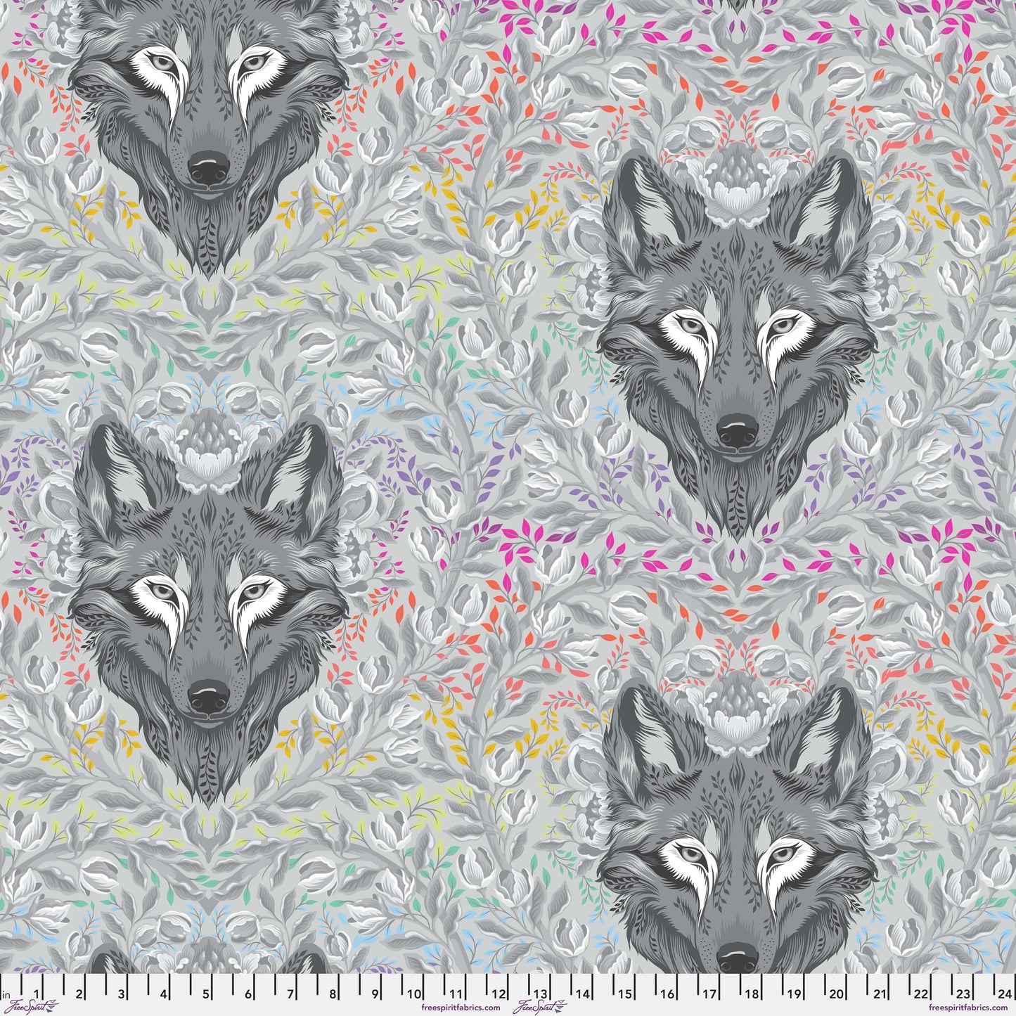 Wolf of Pink Street in Fog minky fabric, part of the Graywork fabric collection by Tula Pink (SKU: MKTP008.FOG)
