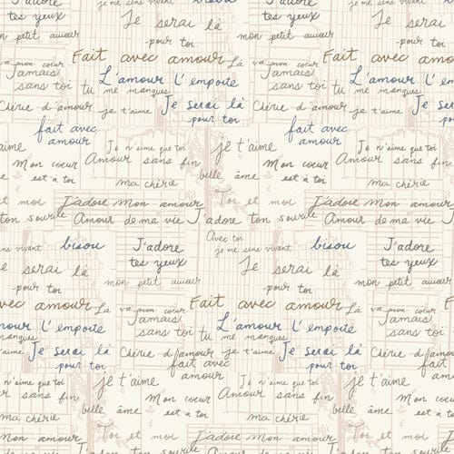 A closeup shot of the quilting fabric pattern called Vintage Love, designed by Patty Basemi as part of the Mademoiselle collection. The SKU is MMS97908.